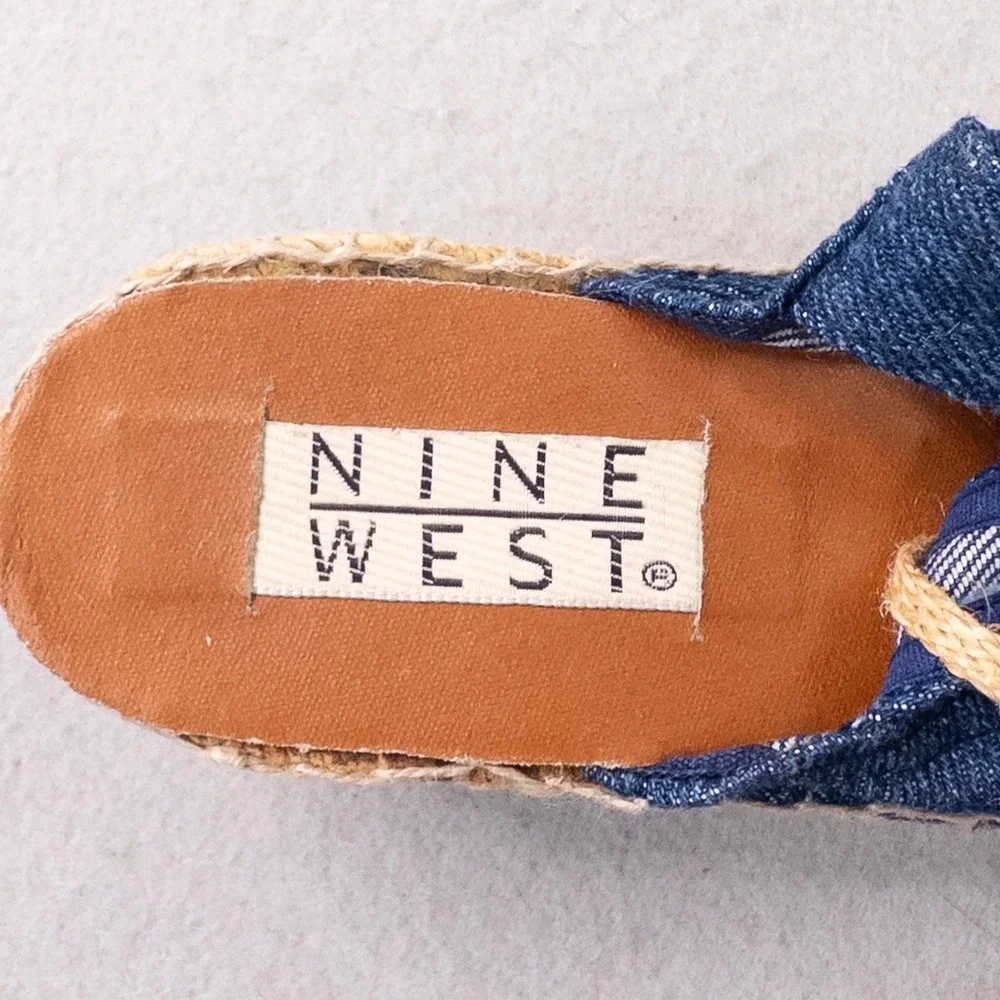 Vintage Nine West Denim Espadrille Platform Wedges Peep Toe Slingback Sandals